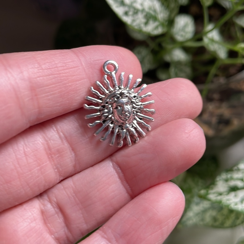 Tiny medieval pendant necklace charm sun with female face cherub angel witchy